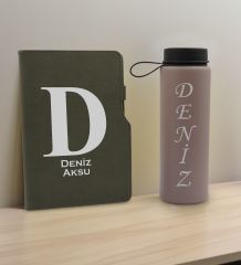 BK Gift Kişiye  Özel İsimli Mat Gri Termo Deri Defter ve Cam Matara Hediye Seti-5, Sevgiliye Hediye, Arkadaşa Hediye, Yeni İş Hediyesi