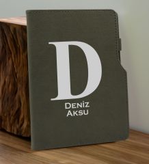 BK Gift Kişiye  Özel İsimli Mat Gri Termo Deri Defter ve Cam Matara Hediye Seti-5, Sevgiliye Hediye, Arkadaşa Hediye, Yeni İş Hediyesi