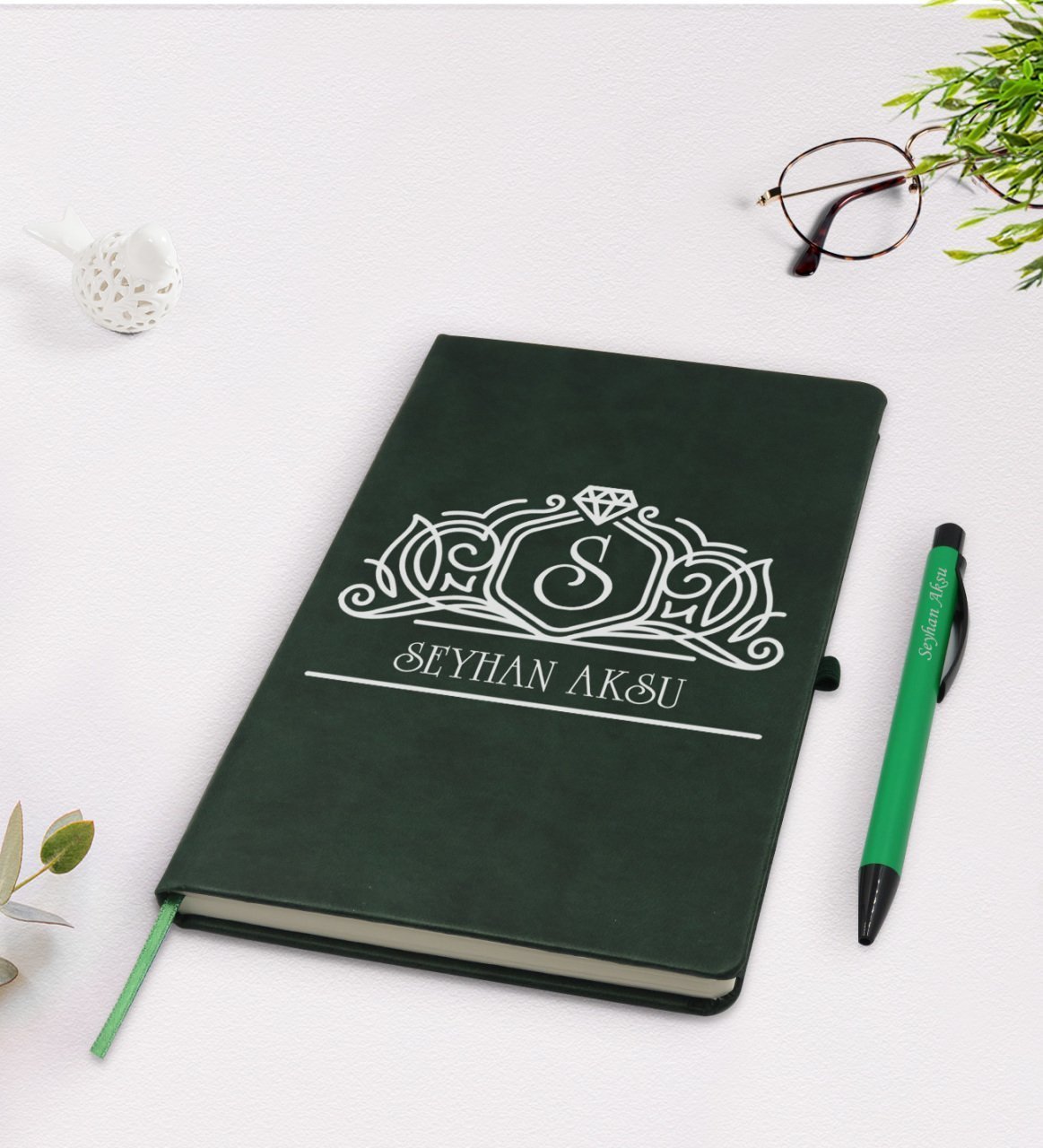 Kişiye Özel İsimli Yeşil Termo Deri Defter Kalem Seti Model 13