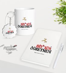 Kişiye Özel Biyoloji Öğretmeni Kupa Anahtarlık Beyaz Defter Kalem Hediye Seti