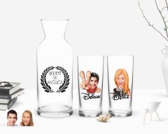 Kişiye Özel Renkli Baskılı Erkek ve Kadın Karikatürlü İkili Rakı Bardağı ve Karaf Hediye Seti-4