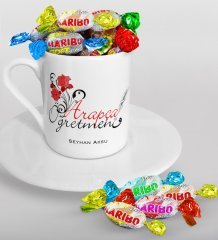 Kişiye Özel Arapça Öğretmeni Türk Kahvesi Fincanı ve Haribo Şeker Hediye Seti-1