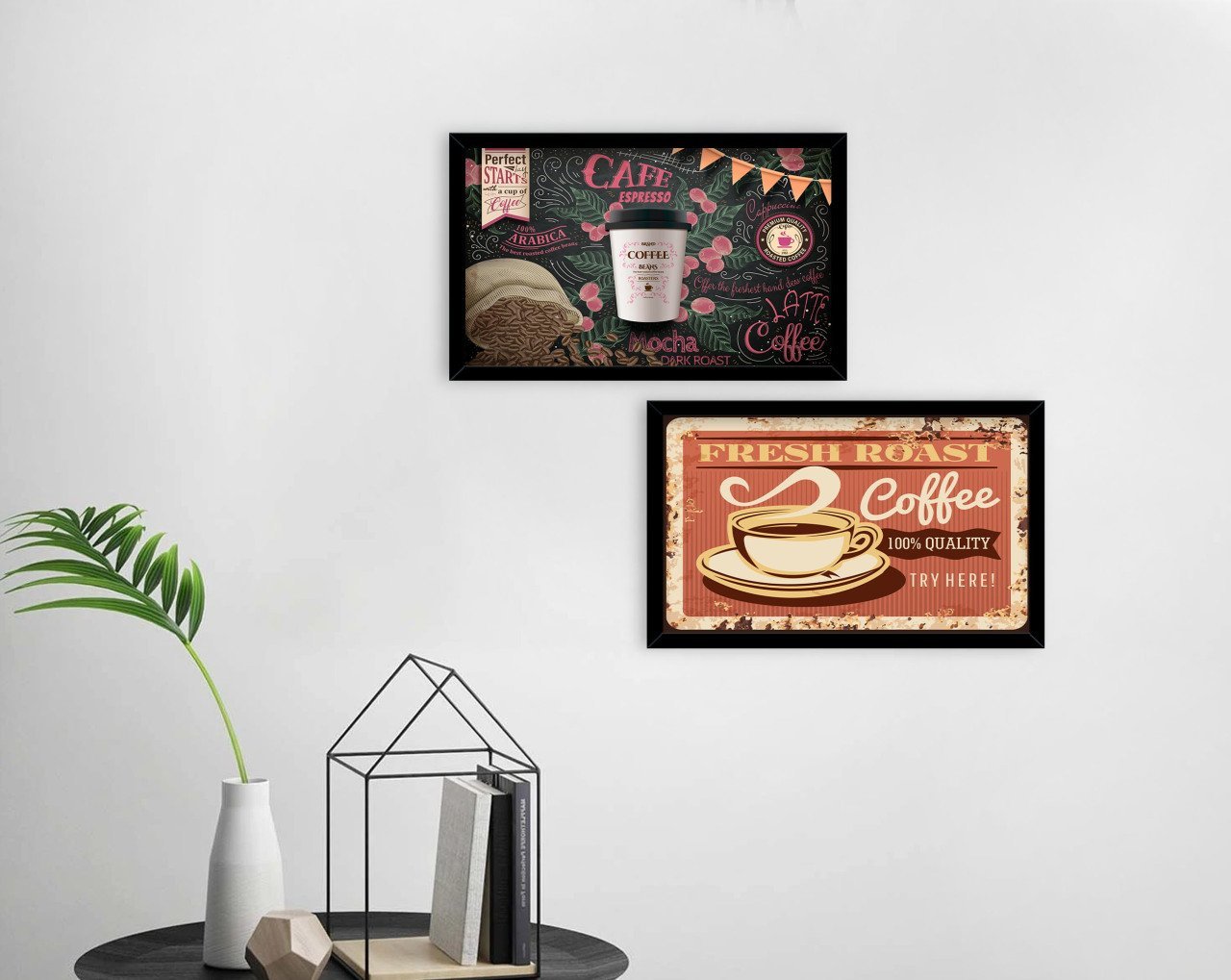 BK Home Coffee Tasarımlı Dekoratif 2'li Ahşap Siyah Çerçeveli Tablo-12