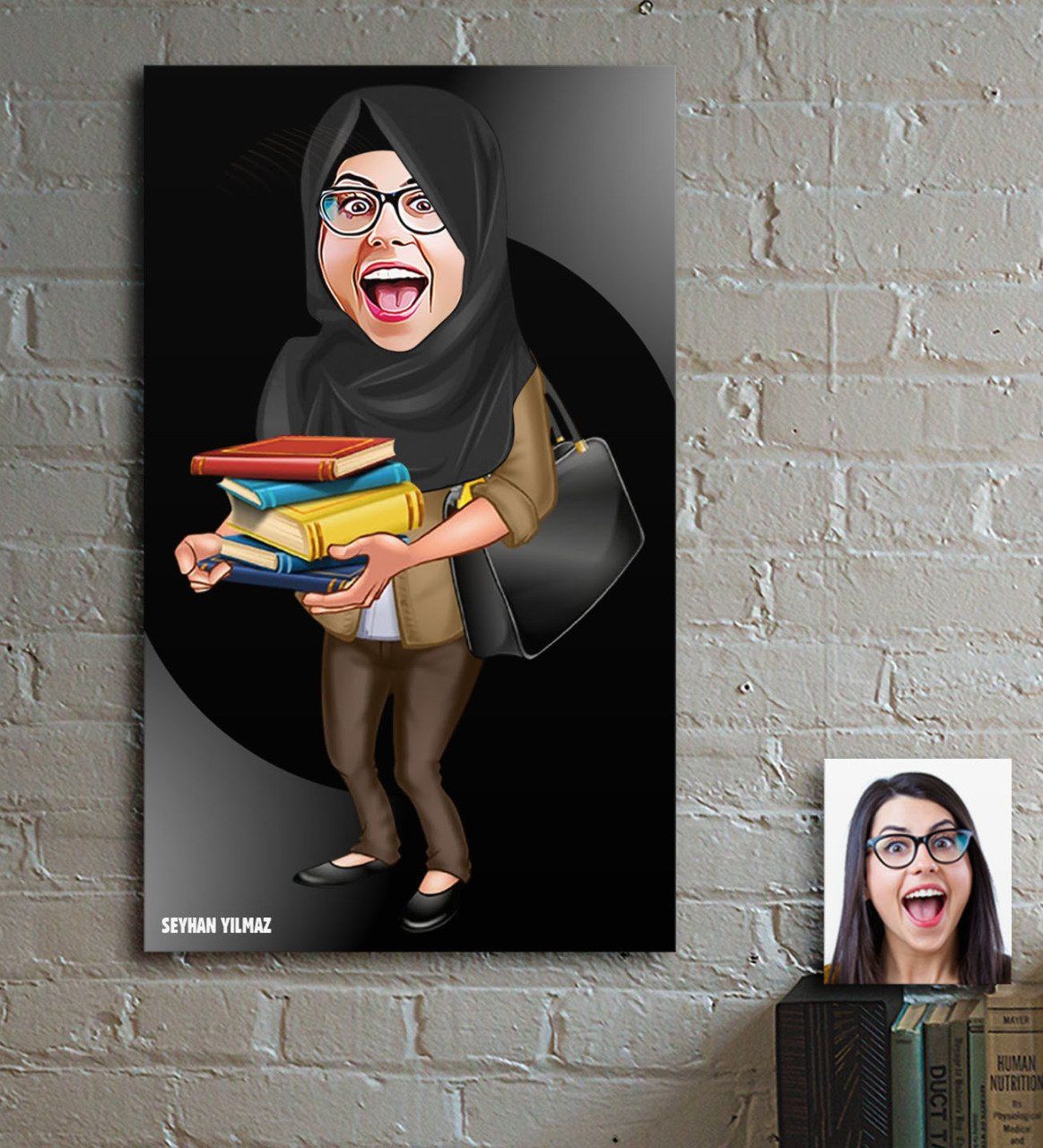 Kişiye Özel Tesettürlü Bayan Öğretmen Karikatürlü Ahşap Tablo - 2