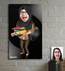 Kişiye Özel Tesettürlü Bayan Öğretmen Karikatürlü Ahşap Tablo - 2