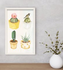 BK Gift Kaktüsler Tasarımlı Dekoratif Ahşap Beyaz Çerçeveli Tablo-2