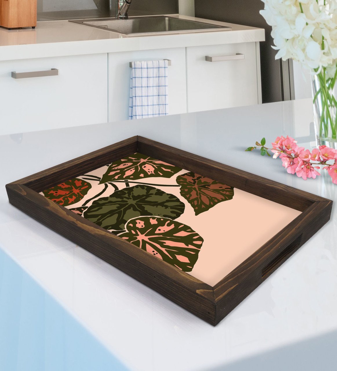 BK Gift Yapraklar Tasarımlı Doğal Ahşap Tepsi-3