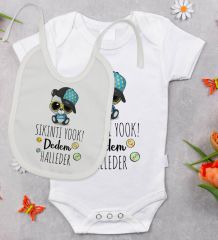BK Kids Sıkıntı Yok Dedem Halleder Tasarımlı Bebek Body Zıbın ve Mama Önlüğü Hediye Seti - Model 2