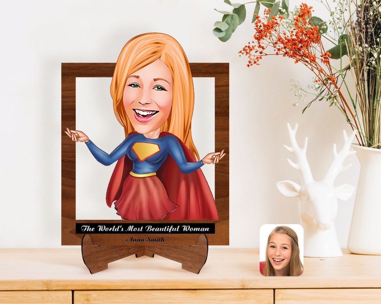 Personalized Women's Day The Most Beautiful Woman in the World with Cartoon Wooden Stand 3D Trinket-2