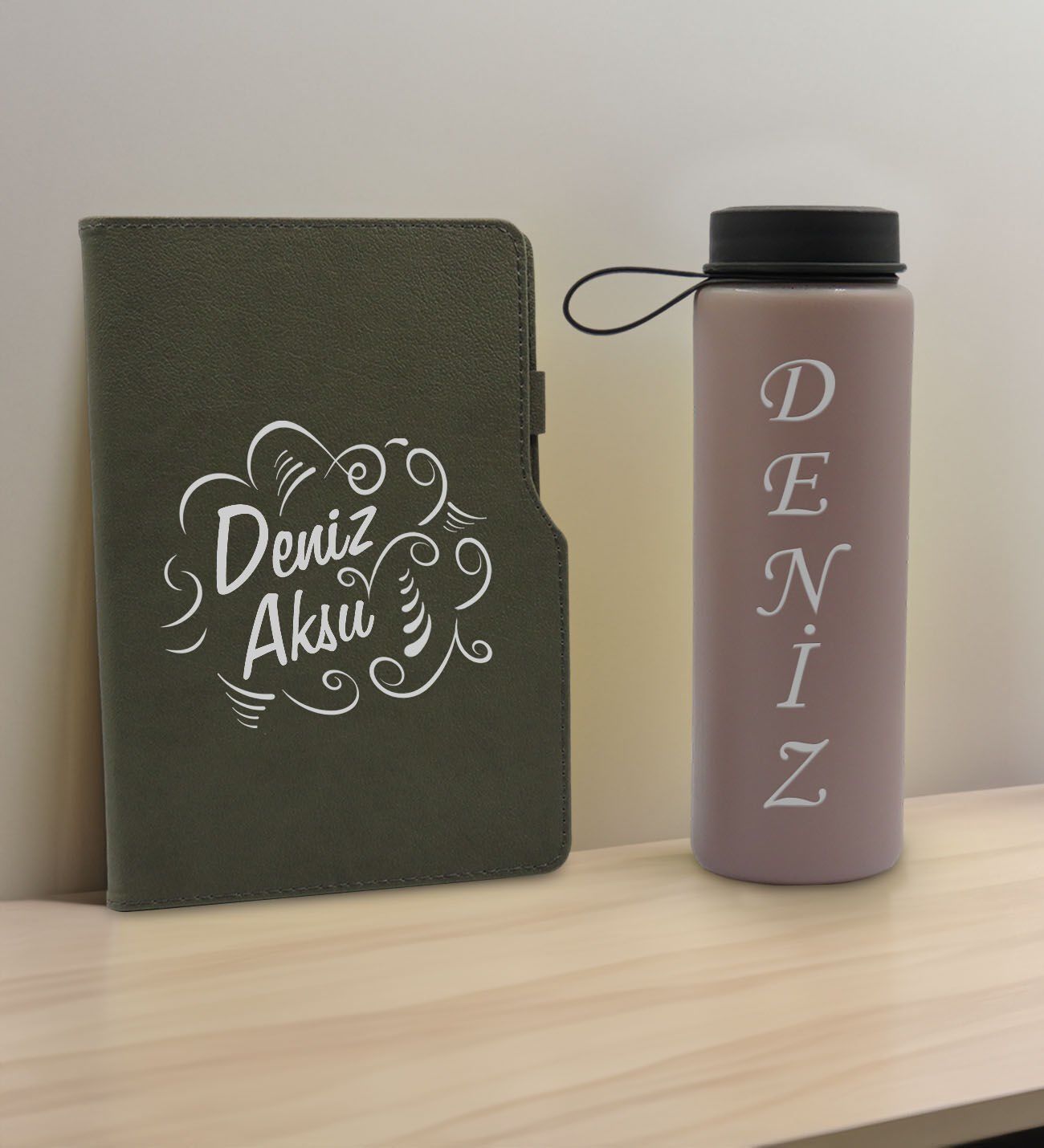 BK Gift Kişiye  Özel İsimli Mat Gri Termo Deri Defter ve Cam Matara Hediye Seti-4, Sevgiliye Hediye, Arkadaşa Hediye, Yeni İş Hediyesi