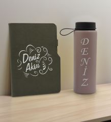 BK Gift Kişiye  Özel İsimli Mat Gri Termo Deri Defter ve Cam Matara Hediye Seti-4, Sevgiliye Hediye, Arkadaşa Hediye, Yeni İş Hediyesi