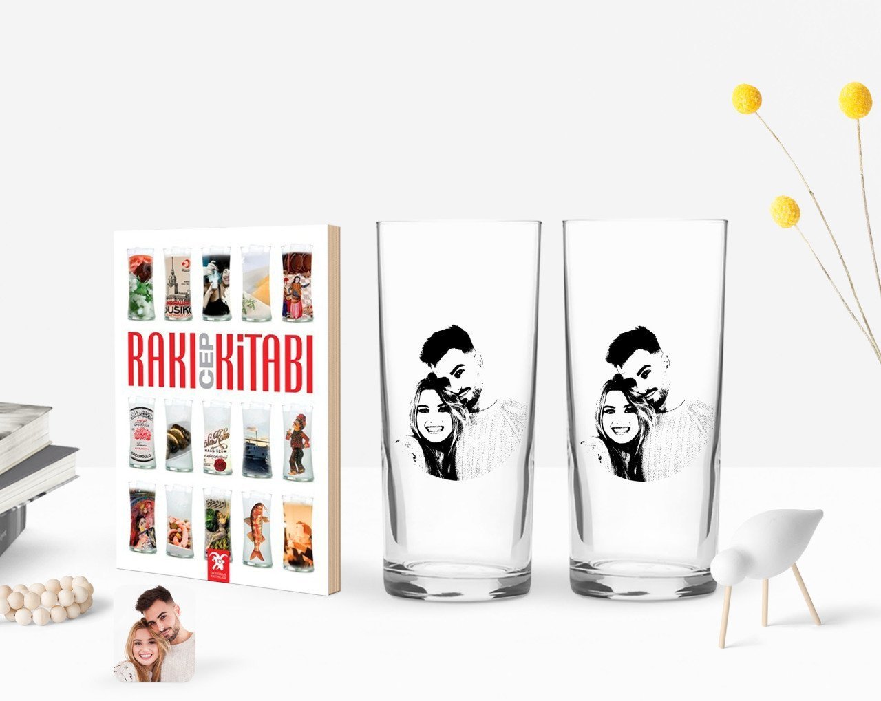 Kişiye Özel Renkli Baskılı Sevgililer Silüet Tasarımlı İkili Rakı Bardağı ve Rakı Cep Kitabı Hediye Seti-1
