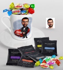 Kişiye Özel Bay Patron Karikatürlü Türk Kahvesi Fincanı Selamlique Karışık Türk Kahvesi ve Haribo Şeker Hediye Seti-1