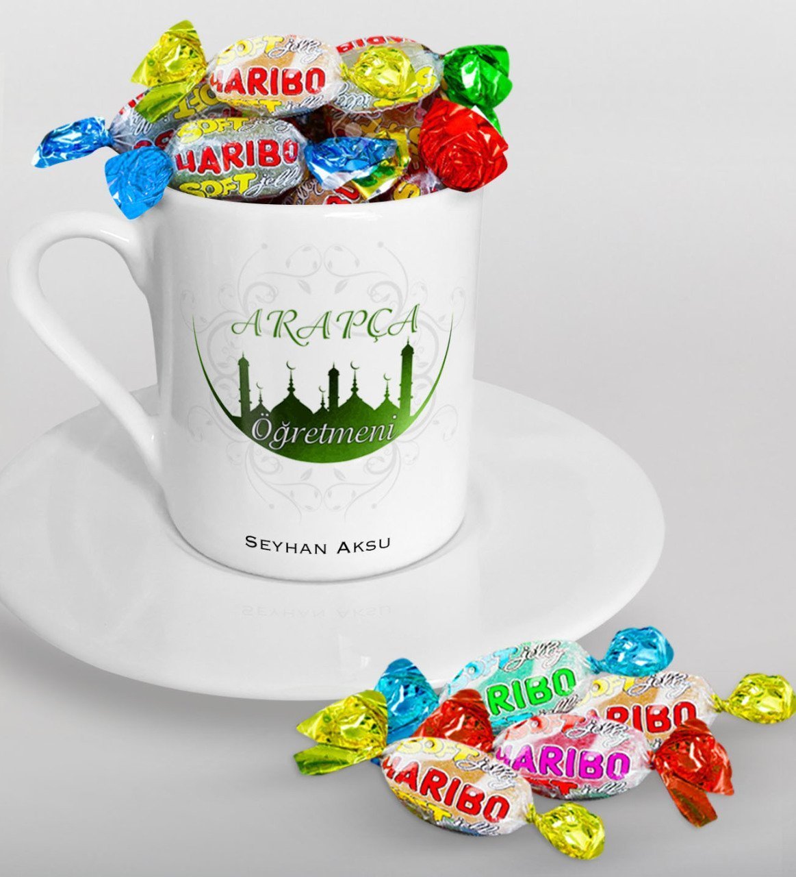 Kişiye Özel Arapça Öğretmeni Türk Kahvesi Fincanı ve Haribo Şeker Hediye Seti-2