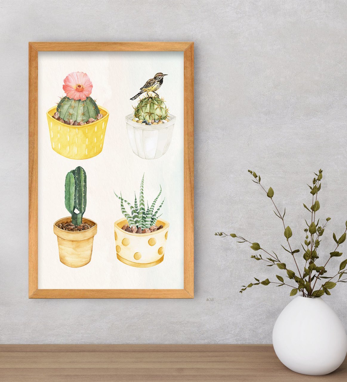 BK Gift  Kaktüsler Tasarımlı Dekoratif Retro Ahşap Çerçeveli Tablo-2