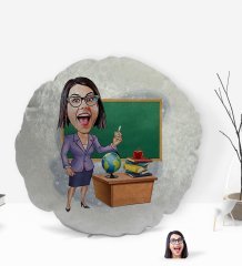 Kişiye Özel Kadın Öğretmen Karikatürlü Yuvarlak Dekoratif Kırlent Yastık-1
