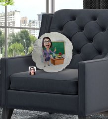 Kişiye Özel Kadın Öğretmen Karikatürlü Yuvarlak Dekoratif Kırlent Yastık-1