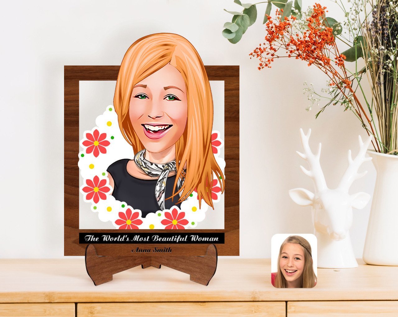 Personalized Women's Day The Most Beautiful Woman in the World with Cartoon Wooden Stand 3D Trinket-1
