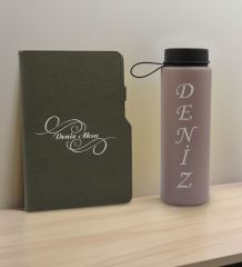 BK Gift Kişiye  Özel İsimli Mat Gri Termo Deri Defter ve Cam Matara Hediye Seti-3, Sevgiliye Hediye, Arkadaşa Hediye, Yeni İş Hediyesi