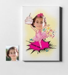 Kişiye Özel Kız Çocuk Doğum Günü Karikatür Kanvas Tablo (50 x 70 cm.) 1