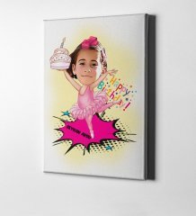 Kişiye Özel Kız Çocuk Doğum Günü Karikatür Kanvas Tablo (50 x 70 cm.) 1