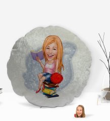 Kişiye Özel Kadın Öğrenci Karikatürlü Yuvarlak Dekoratif Kırlent Yastık-1