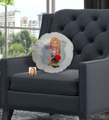 Kişiye Özel Kadın Öğrenci Karikatürlü Yuvarlak Dekoratif Kırlent Yastık-1
