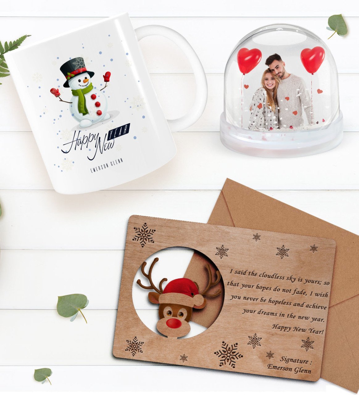 Kişiye Özel Fotoğraflı Kar Küresi & Happy New Year Kupa Bardak & Retro Ahşap Yılbaşı Tebrik Kartı Hediye Seti-2B