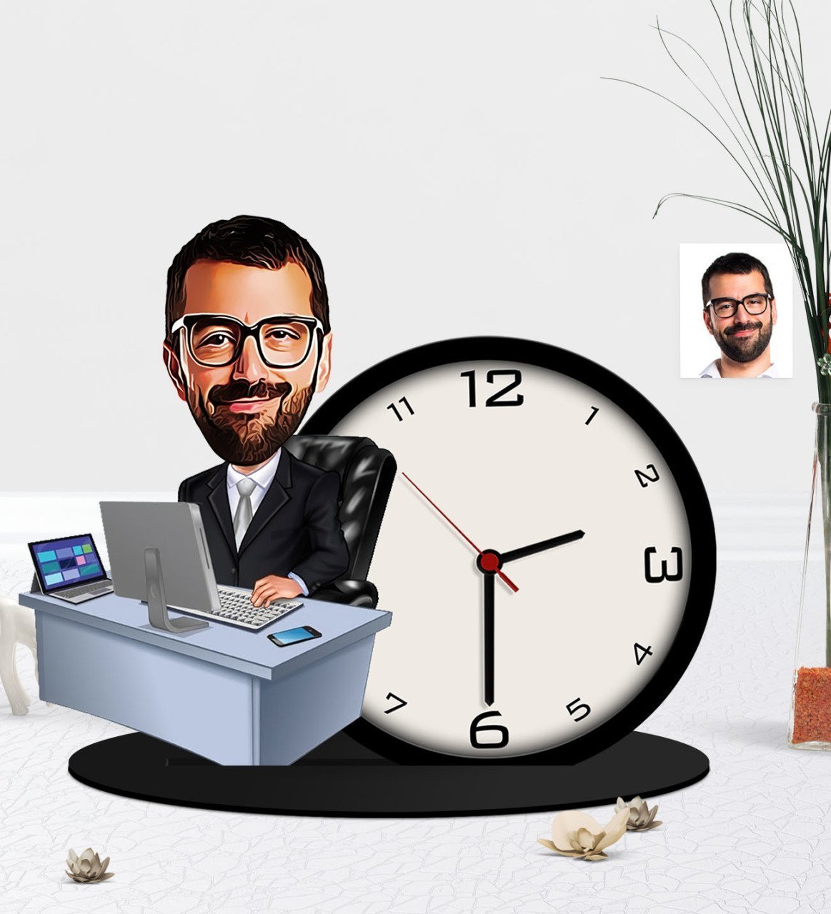Kişiye Özel Bay Genel Müdür Karikatürlü Ahşap Biblo Masa Saati