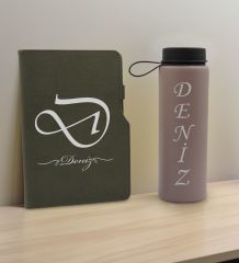 BK Gift Kişiye  Özel İsimli Mat Gri Termo Deri Defter ve Cam Matara Hediye Seti-2, Sevgiliye Hediye, Arkadaşa Hediye, Yeni İş Hediyesi