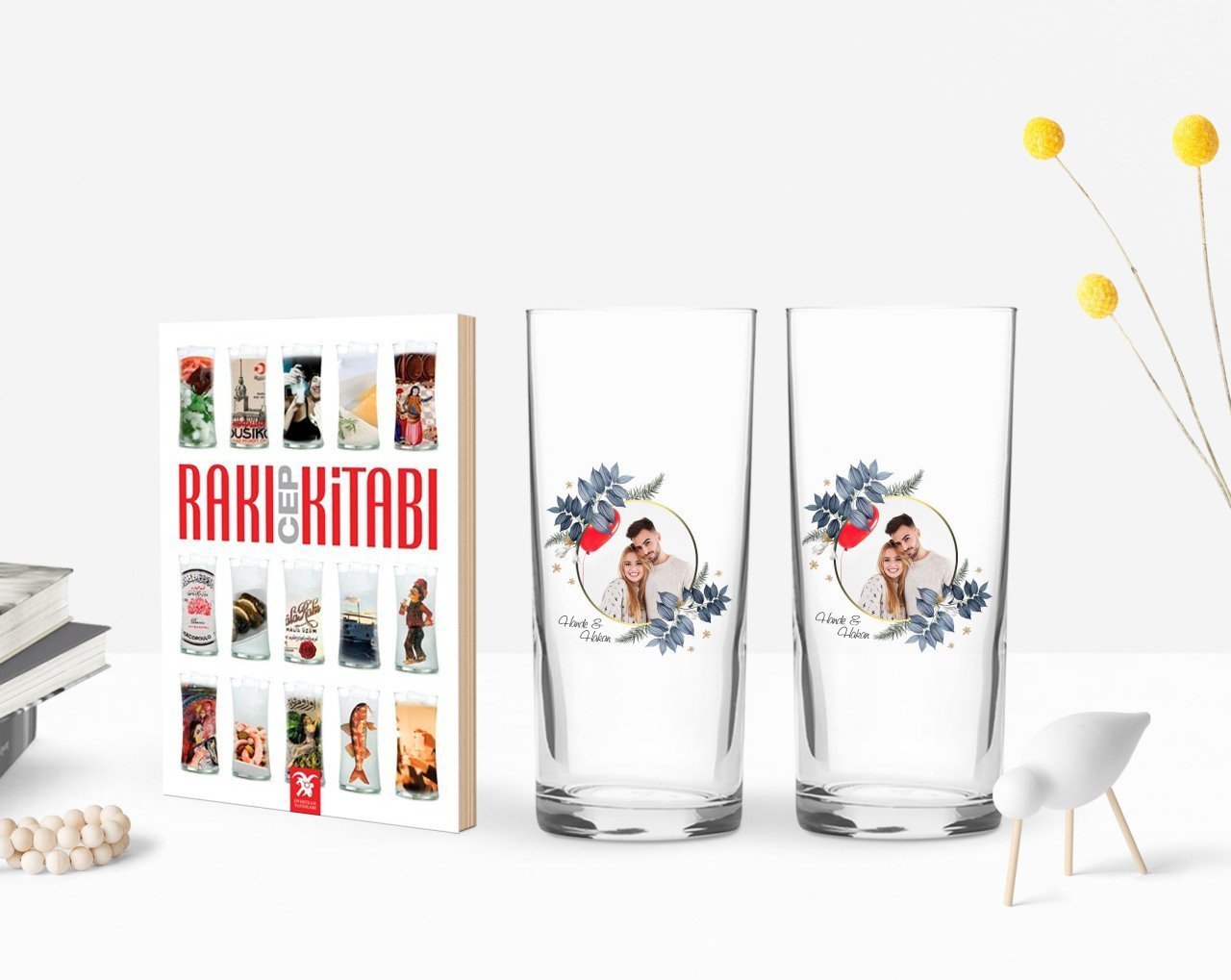 Kişiye Özel Renkli Baskılı İsimli Fotoğraflı İkili Rakı Bardağı ve Rakı Cep Kitabı Hediye Seti-34