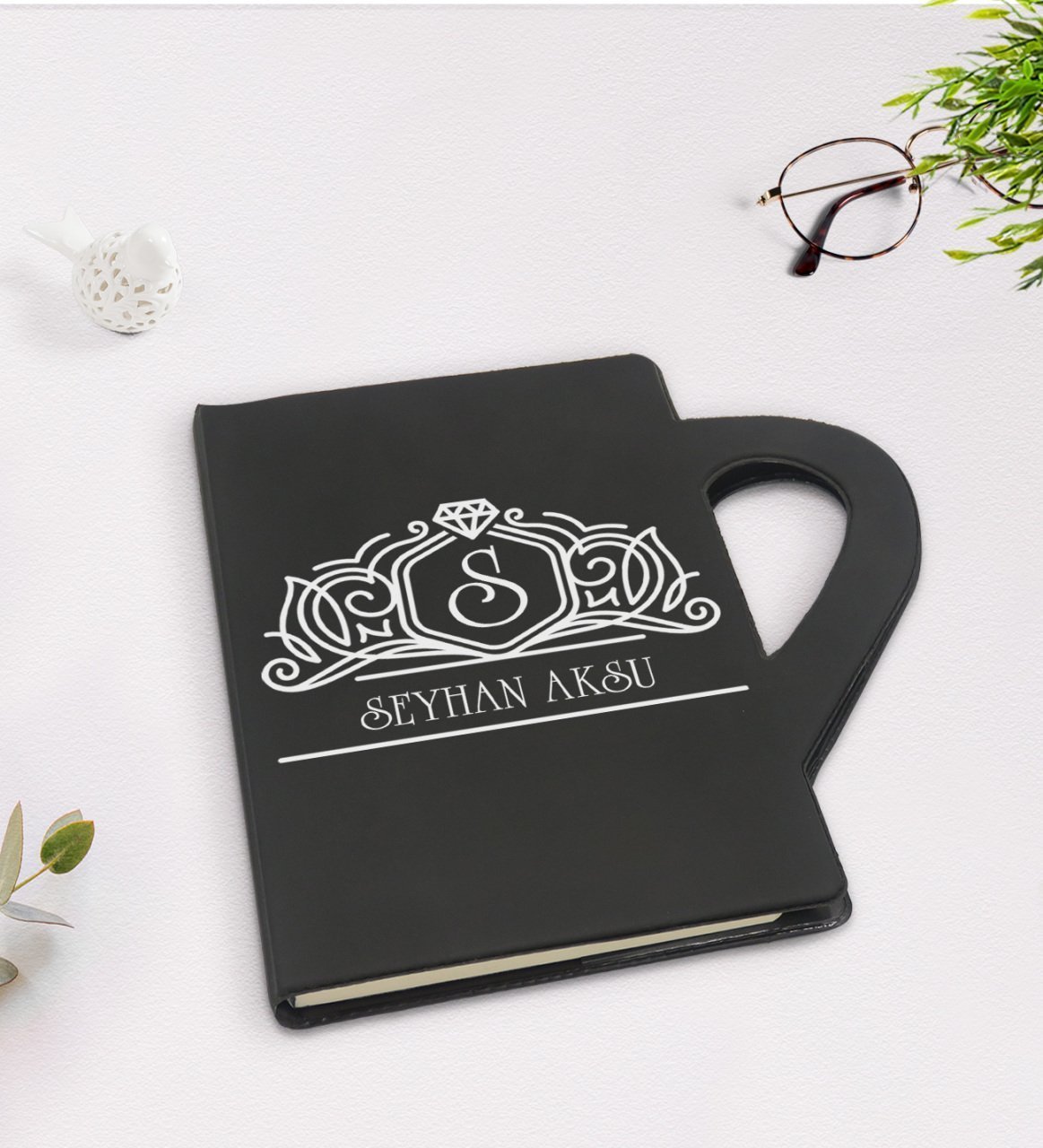 Kişiye Özel İsimli Kupa Şeklinde Siyah Termo Deri Defter Model 13