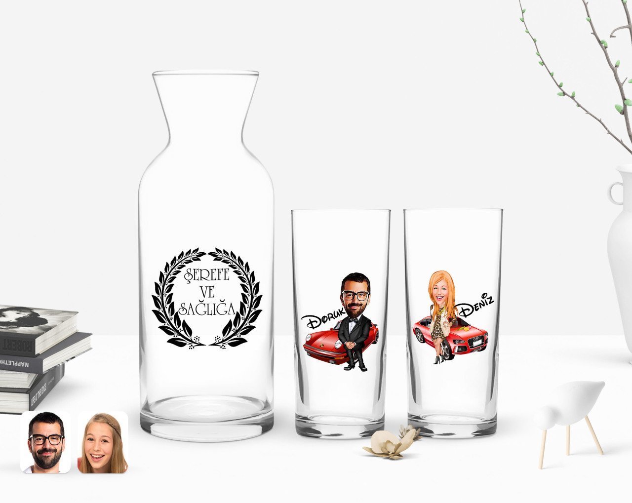 Kişiye Özel Renkli Baskılı Erkek ve Kadın Karikatürlü İkili Rakı Bardağı ve Karaf Hediye Seti-1