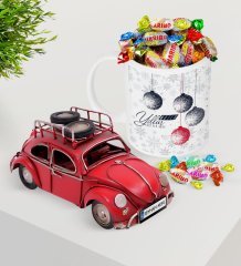 Kişiye Özel Yılbaşı Mutlu Yıllar Plakalı Nostaljik Kırmızı Metal Vosvos ve Kupa Haribo Şeker Seti-13