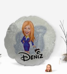 Kişiye Özel İsimli Hostes Karikatürlü Yuvarlak Dekoratif Kırlent Yastık-2