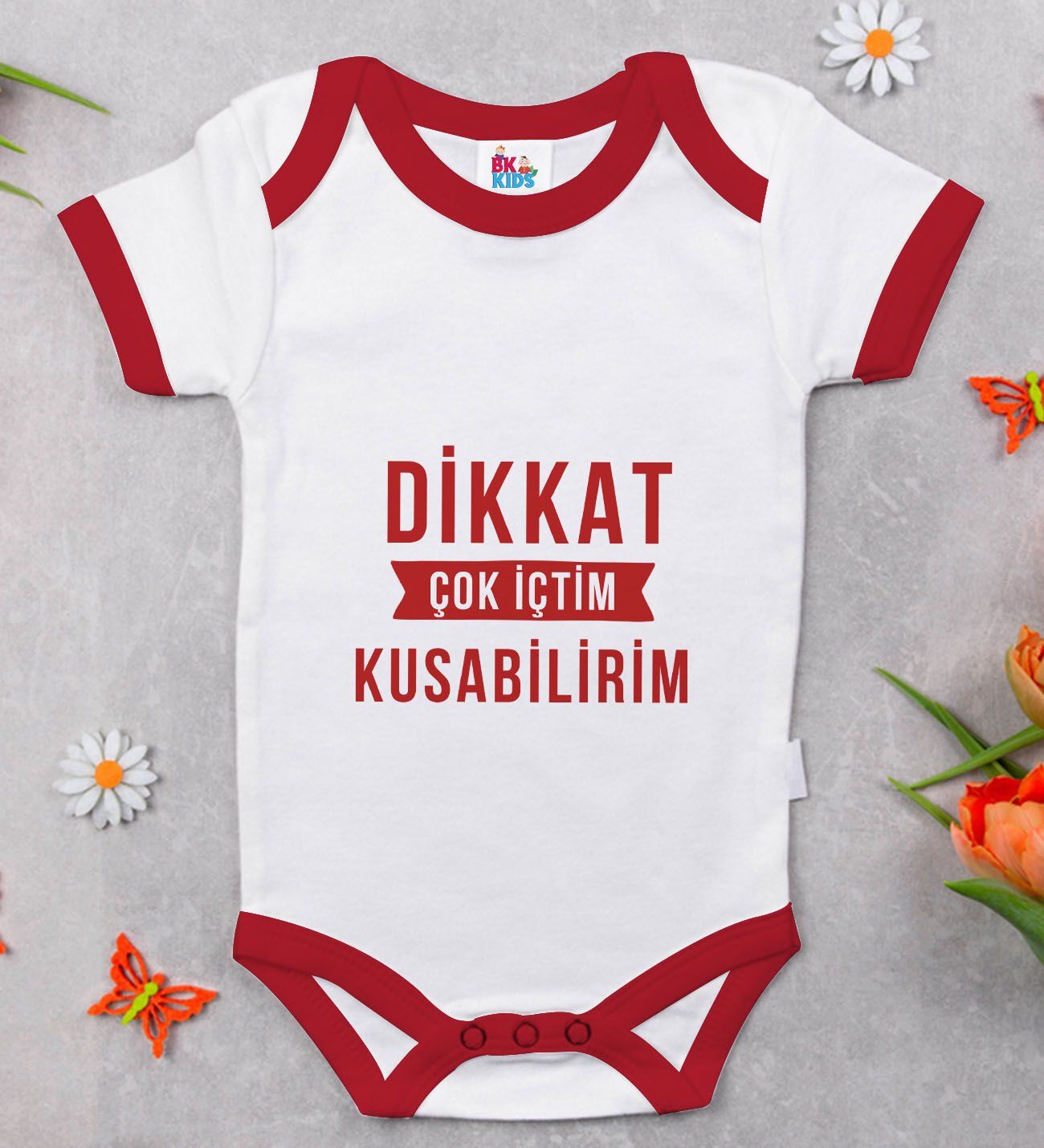 BK Kids Dikkat Çok İçtim Tasarımlı Kırmızı Bebek Body Zıbın-1