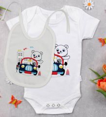 BK Kids Sevimli Sürücü Tasarımlı Bebek Body Zıbın ve Mama Önlüğü Hediye Seti - Model 1