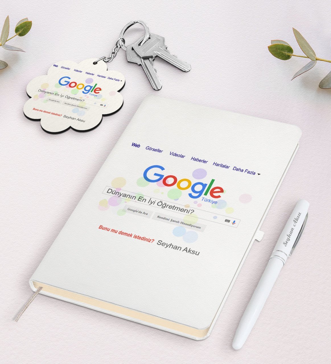 Kişiye Özel Google Dünyanın En İyi Öğretmeni Beyaz Defter Kalem Ve Anahtarlık Hediye Seti