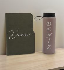 BK Gift Kişiye  Özel İsimli Mat Gri Termo Deri Defter ve Cam Matara Hediye Seti-1, Sevgiliye Hediye, Arkadaşa Hediye, Yeni İş Hediyesi