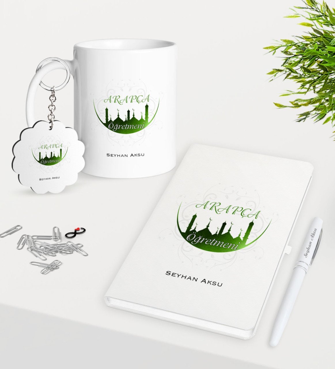 Kişiye Özel Arapça Öğretmeni Kupa Anahtarlık Beyaz Defter Kalem Hediye Seti-2