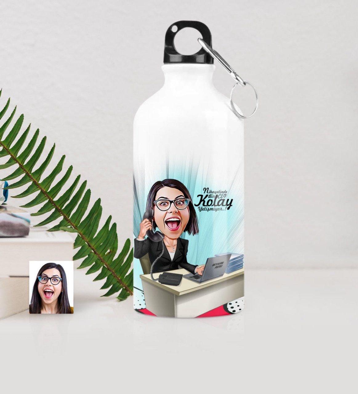 Kişiye Özel Bayan CEO Karikatürlü Metal Suluk (500 ml.) 1