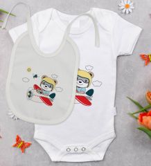 BK Kids Sevimli Pilot Tasarımlı Bebek Body Zıbın ve Mama Önlüğü Hediye Seti - Model 1