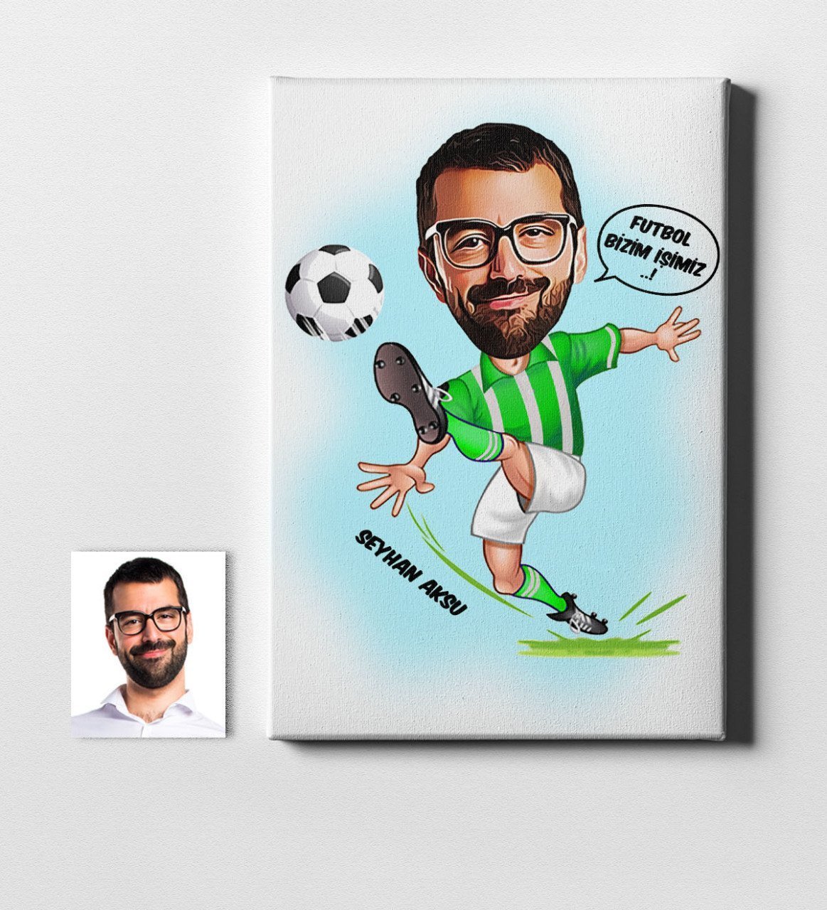 Kişiye Özel Futbolcu Yeşil Beyaz Karikatür Kanvas Tablo (50 x 70 cm.) 1
