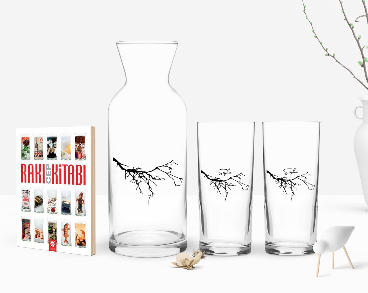 Kişiye Özel Renkli Baskılı İsimli Silüet Tasarımlı İkili Rakı Bardağı Karaf ve Cep Kitabı Hediye Seti-1