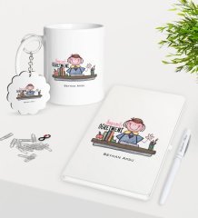 Kişiye Özel Anasınıfı Öğretmeni Kupa Anahtarlık Beyaz Defter Kalem Hediye Seti-3