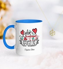 Kişiye Özel Yılın En Mükemmel Sevgilisi Mavi Kupa ve Kar Tanesi Kolye