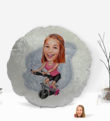 Kişiye Özel Kadın Fitness Sporcusu Karikatürlü Yuvarlak Dekoratif Kırlent Yastık-1