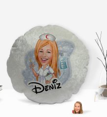 Kişiye Özel İsimli Hemşire Karikatürlü Yuvarlak Dekoratif Kırlent Yastık-2