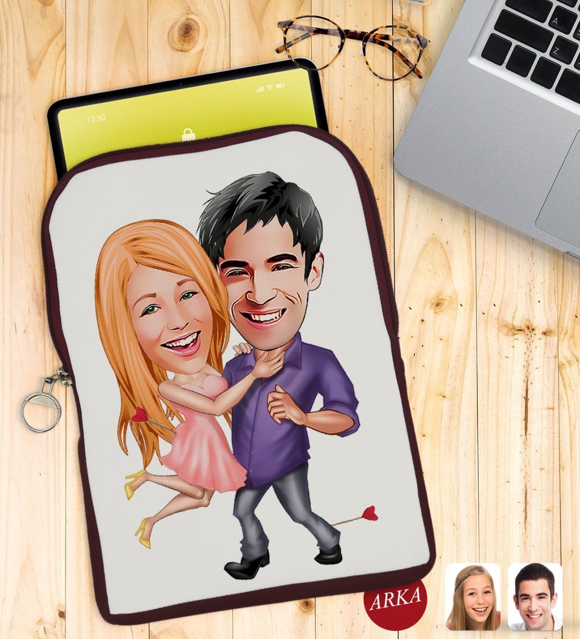 Kişiye Özel Sevgililer Karikatürlü Taşınabilir Koruyucu Tablet Kılıfı & Organizer Çanta - Bordo-3
