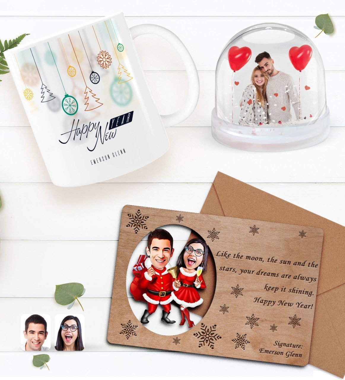 Kişiye Özel Fotoğraflı Kar Küresi & Happy New Year Kupa Bardak & Retro Ahşap Yılbaşı Tebrik Kartı Hediye Seti-1E